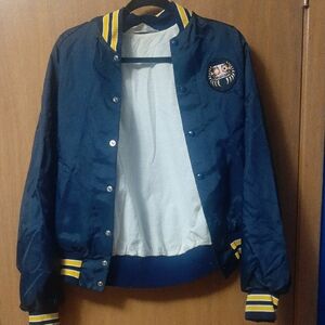 Vintage Blue Varsity Jacket with Yellow Stripes